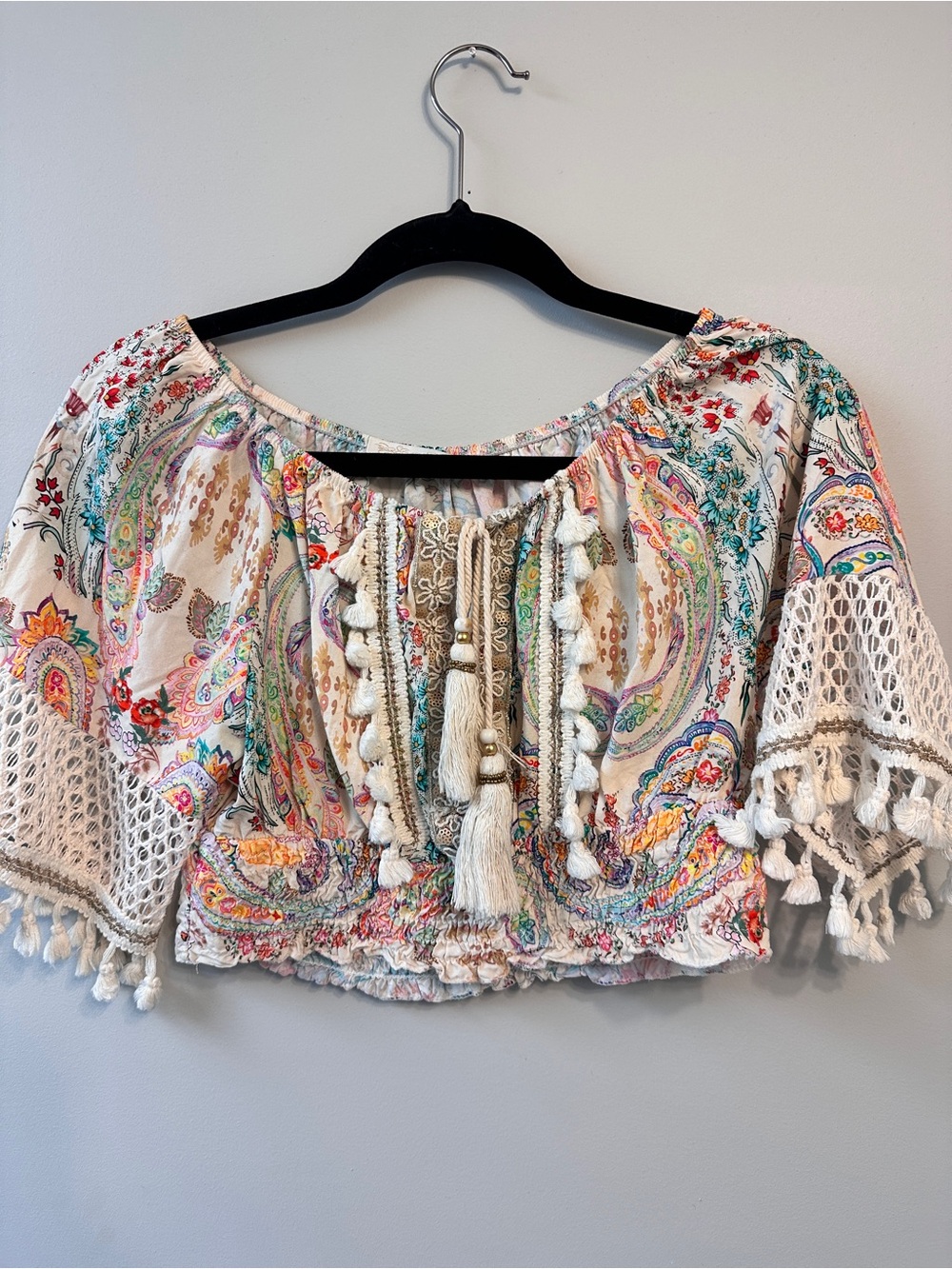 Boho Paisley Crochet Tassel Bell Sleeve Crop Top Multicolour